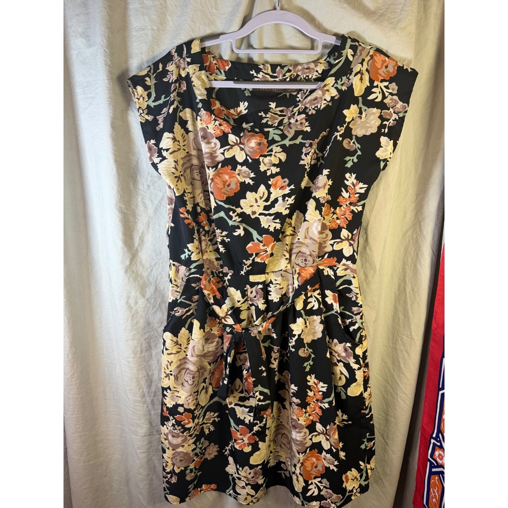 Speed Control New York Floral Boat Neck Cap Sleeve Tie Waist Pocket Dress M